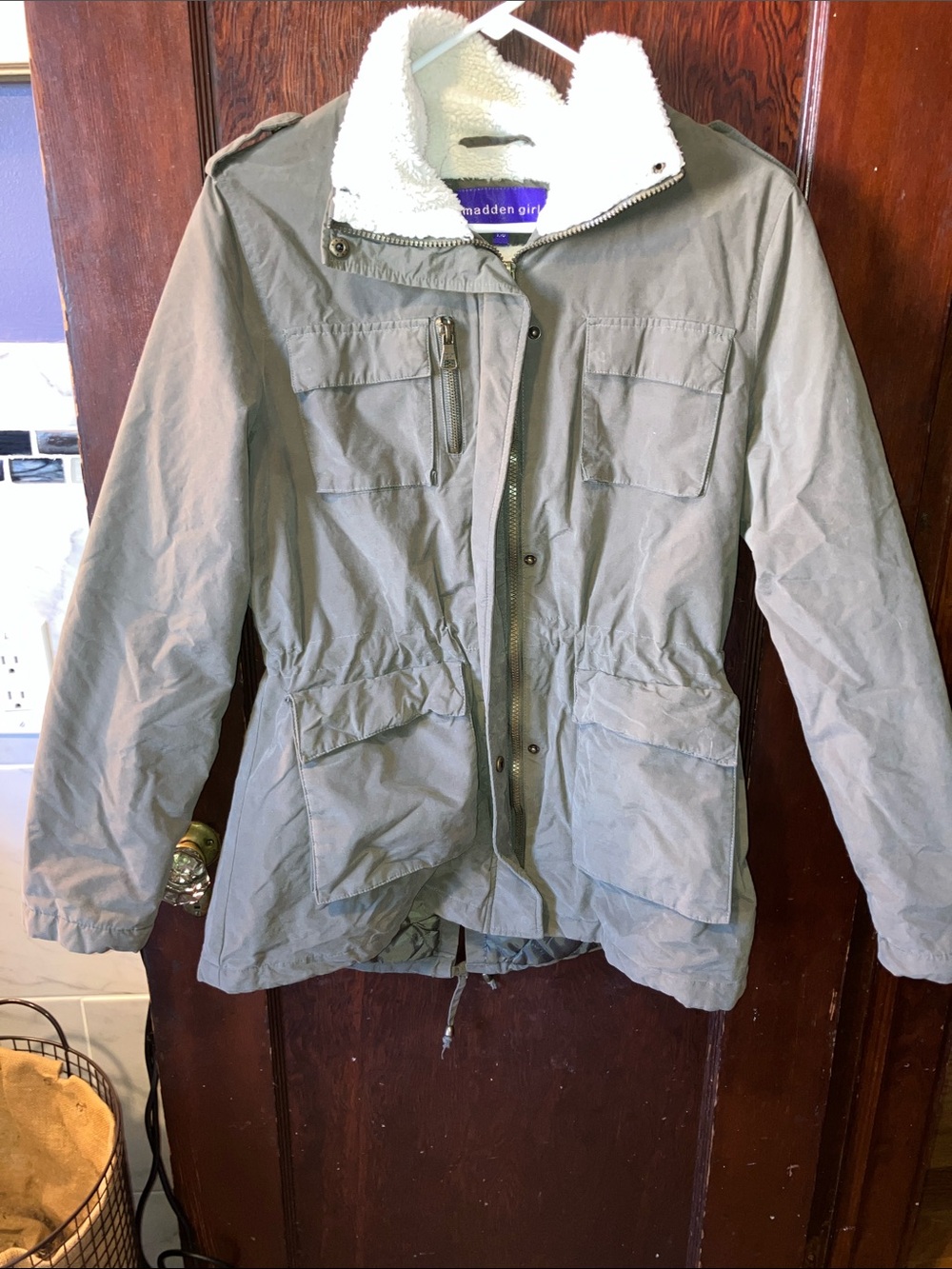 MADDEN GIRL Olive Green Utility Anorak Jacket with White Sherpa Lining